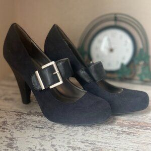 Fergalicious Celeste Black Suede Cone Heel 7.5